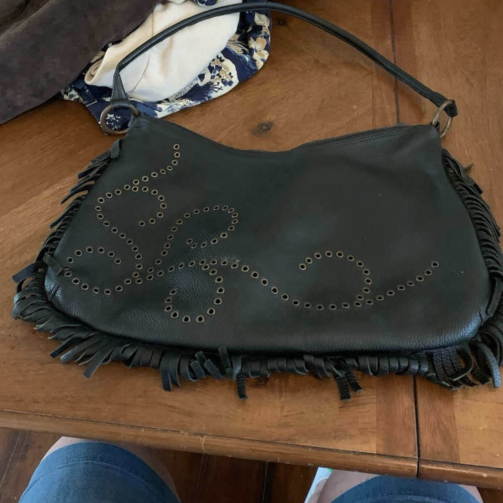 Black Leather Fringe Shoulder Bag
